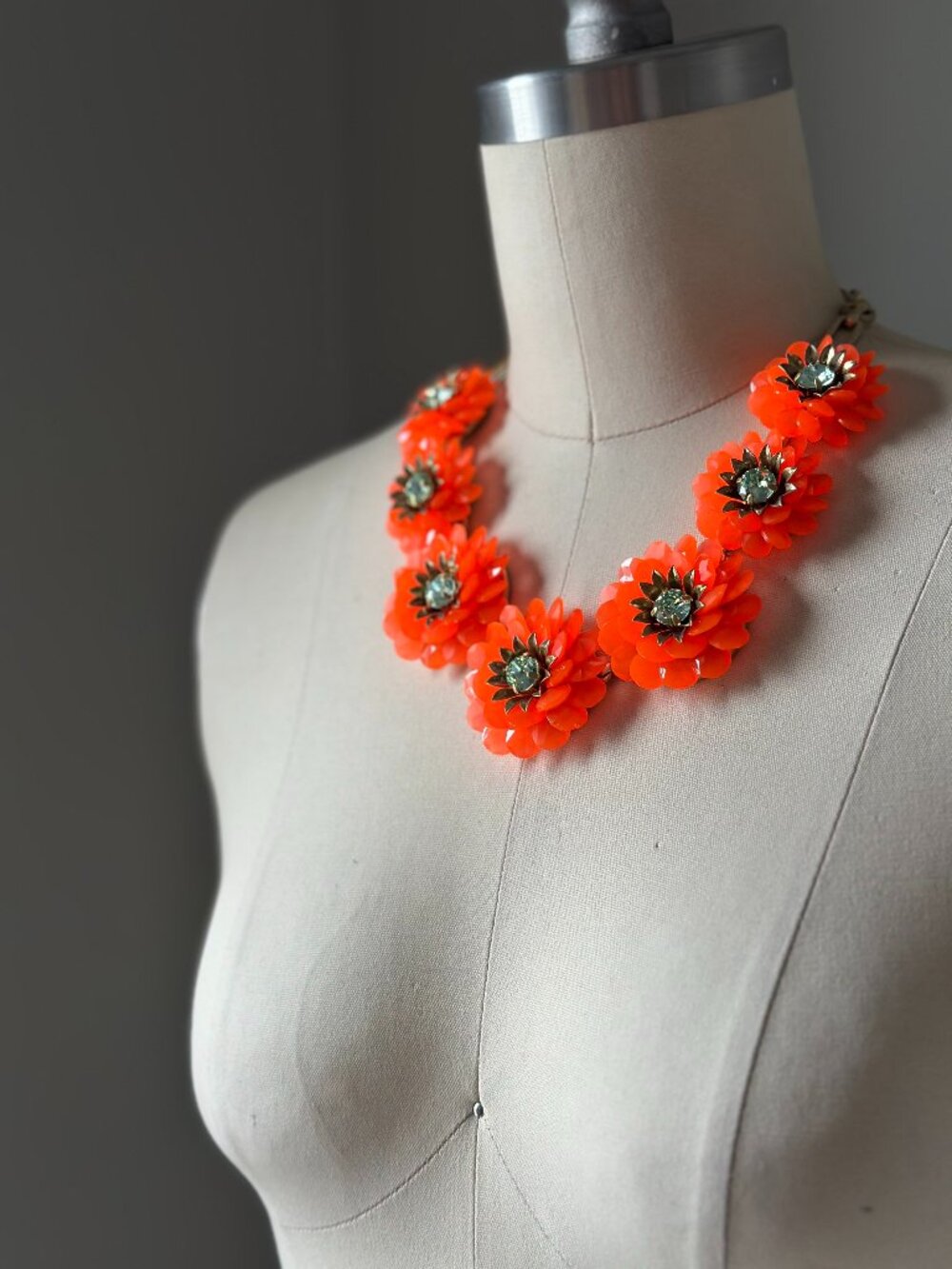 J.Crew Neon Orange Floral Statement Necklace | Bold Rhinestone Bib